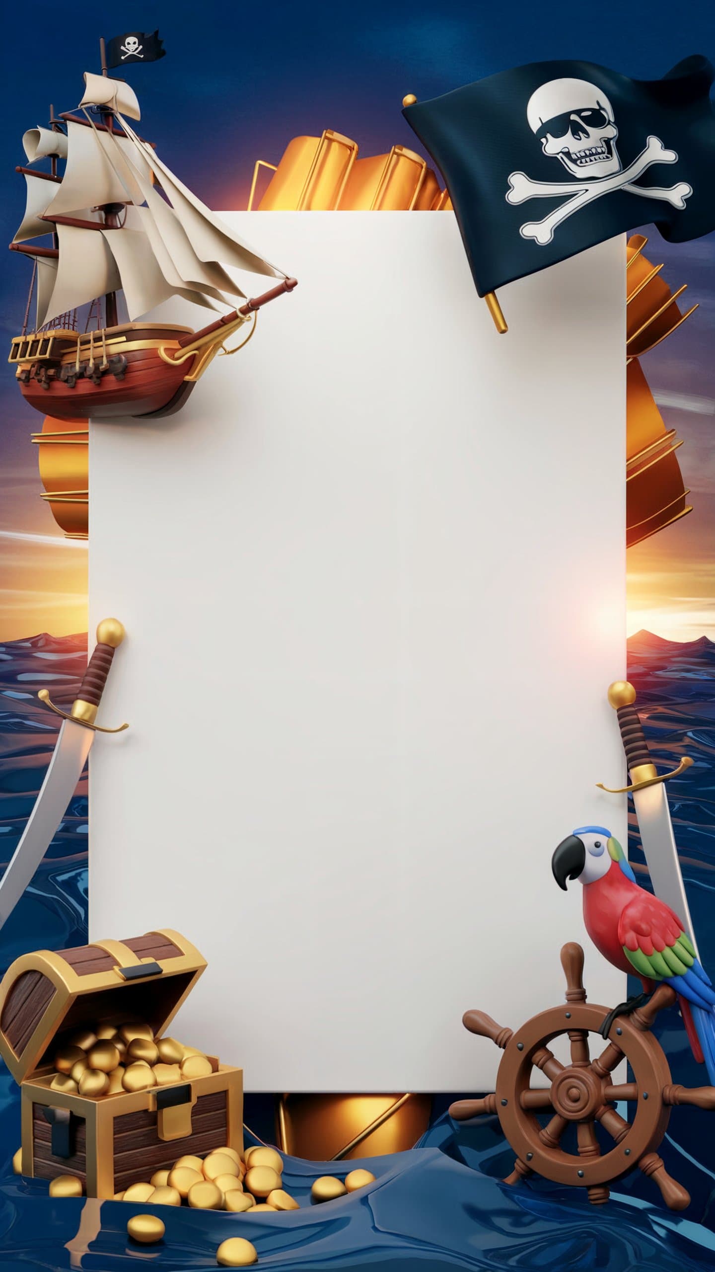 Pirate birthday card with a pirate ship and treasure theme