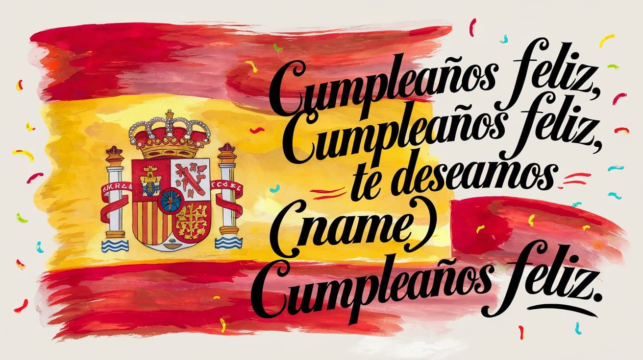 Happy Birthday song lyrics in Spanish with colorful confetti